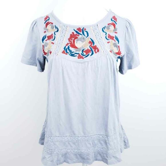 Cupio Embroidered Boho Shirt Short Sleeve Floral Women Small, Gray, Orange, Tan - Picture 1 of 9